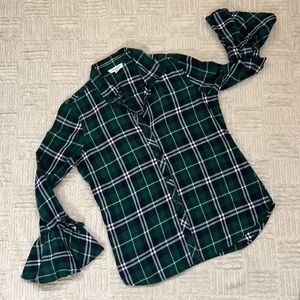 Button down plaid flannel top with bell flare tie sleeves, 100% cotton, Medium
